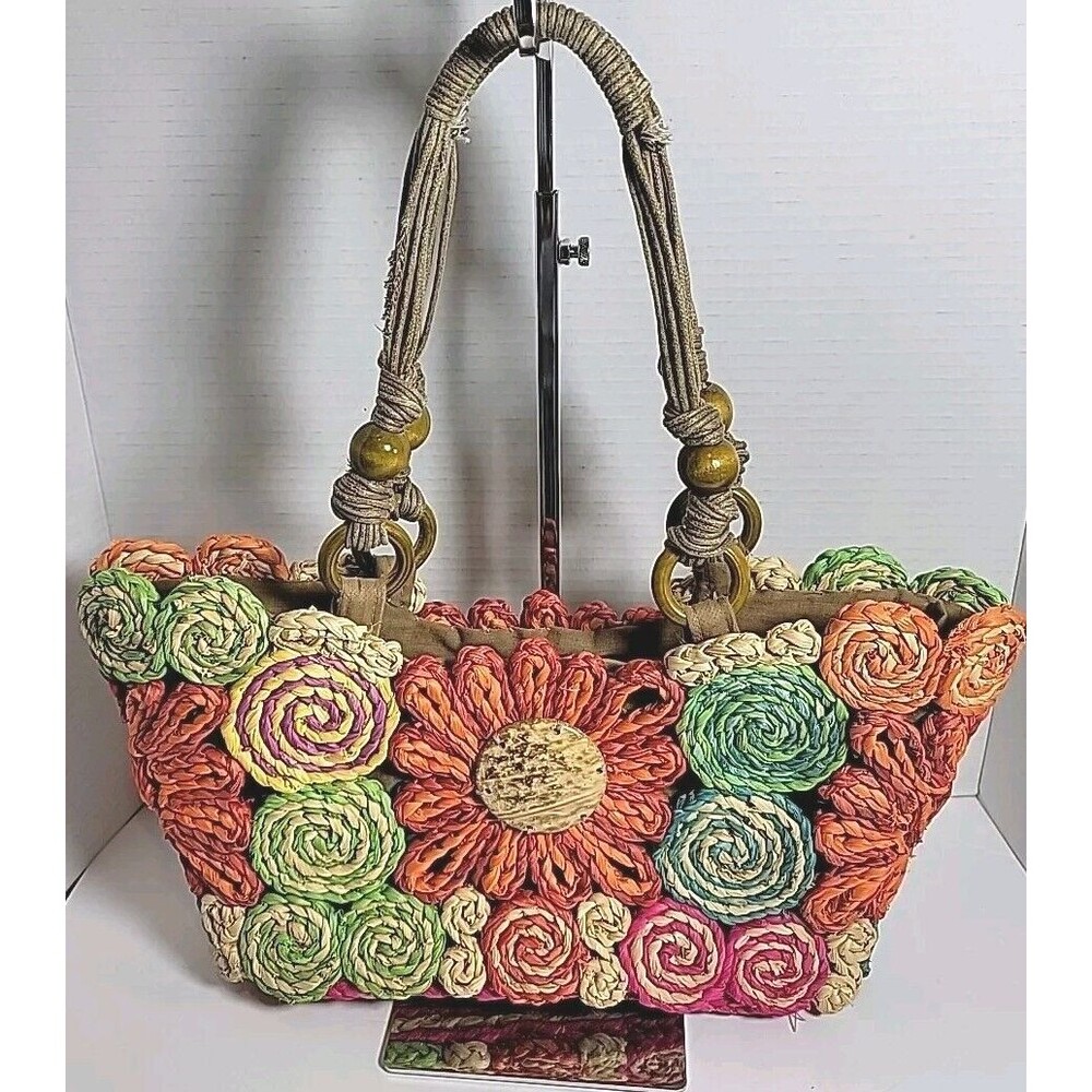 Cappelli Braided & Rolled Cornhusk 14" x 9" Tote Shoulder Bag Rope Handles 2015